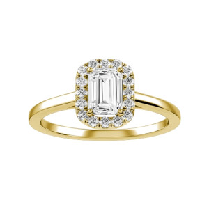 Anillo oro y diamantes baguette en halo.