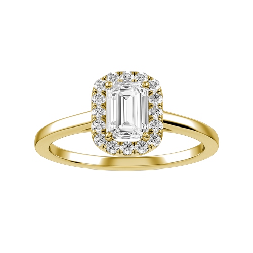 Anillo oro y diamantes baguette en halo.